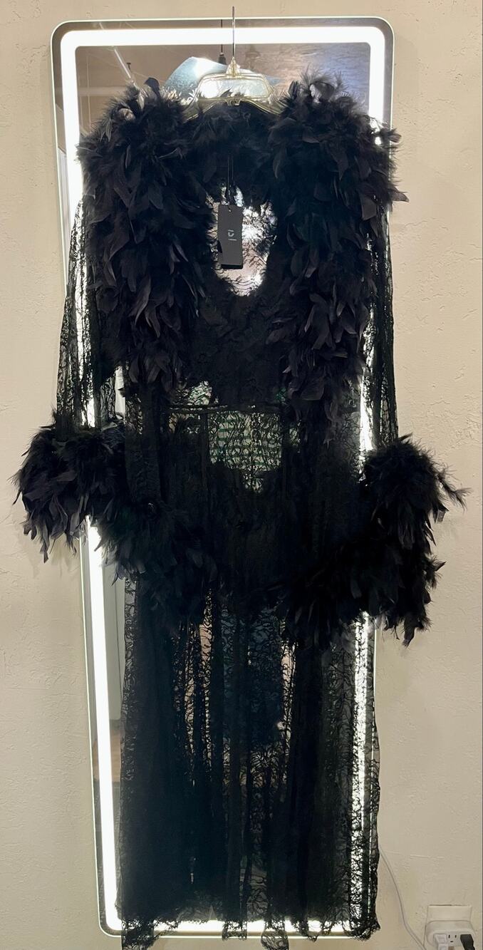 Vintage Black Sheer Lace and Mesh Long Robe with Feather Trim